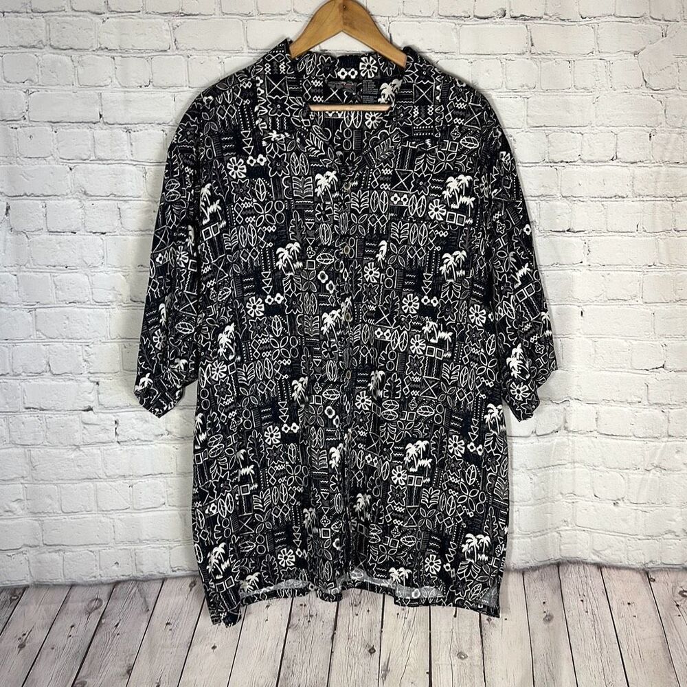 Vintage OP Sport Ocean Pacific‎ Hawaiian Shirt Men XLarge Black Palm Tree Rayon